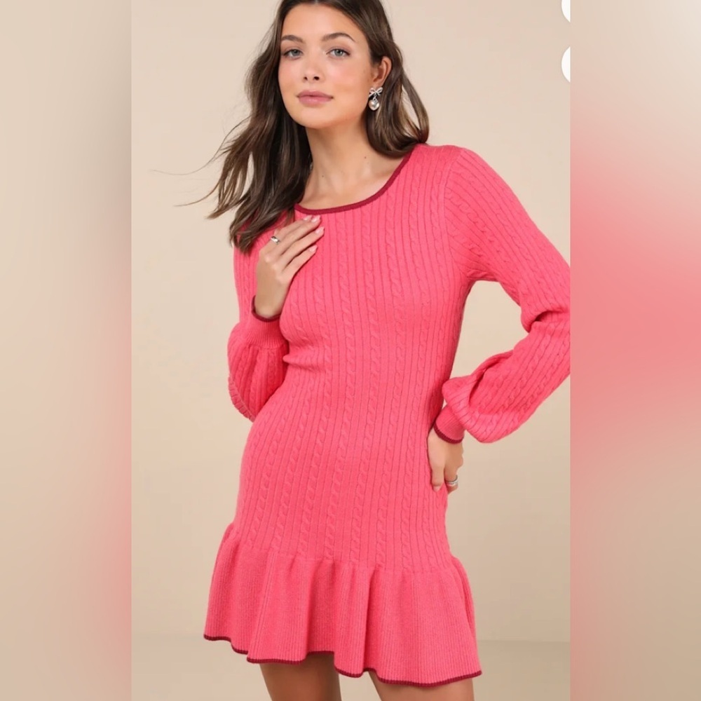 NWT Lulus Coziest Poise Pink Cable Knit Long Sleeve Sweater Mini Dress size M - Picture 1 of 15